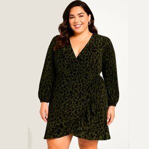 NEW Alex Marie Size 24W Velvet Animal Print Plus Wrap Dress Green Long Sleeve